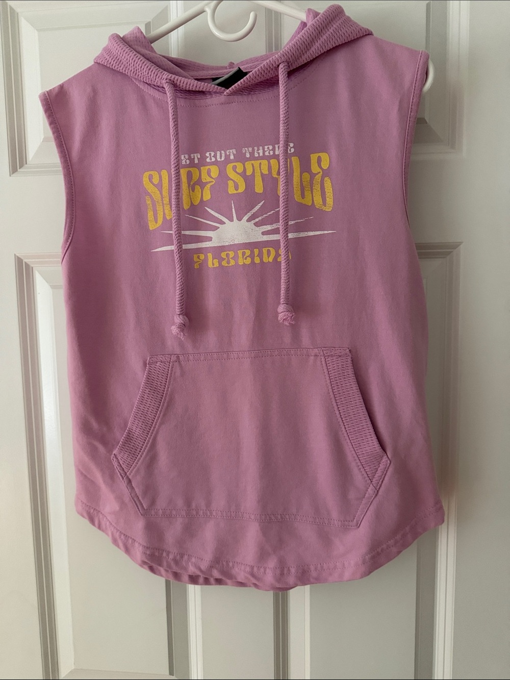 MV Sport Sleeveless Hoodie Tank in Light Pink with Yellow Graphic pit to pit 20